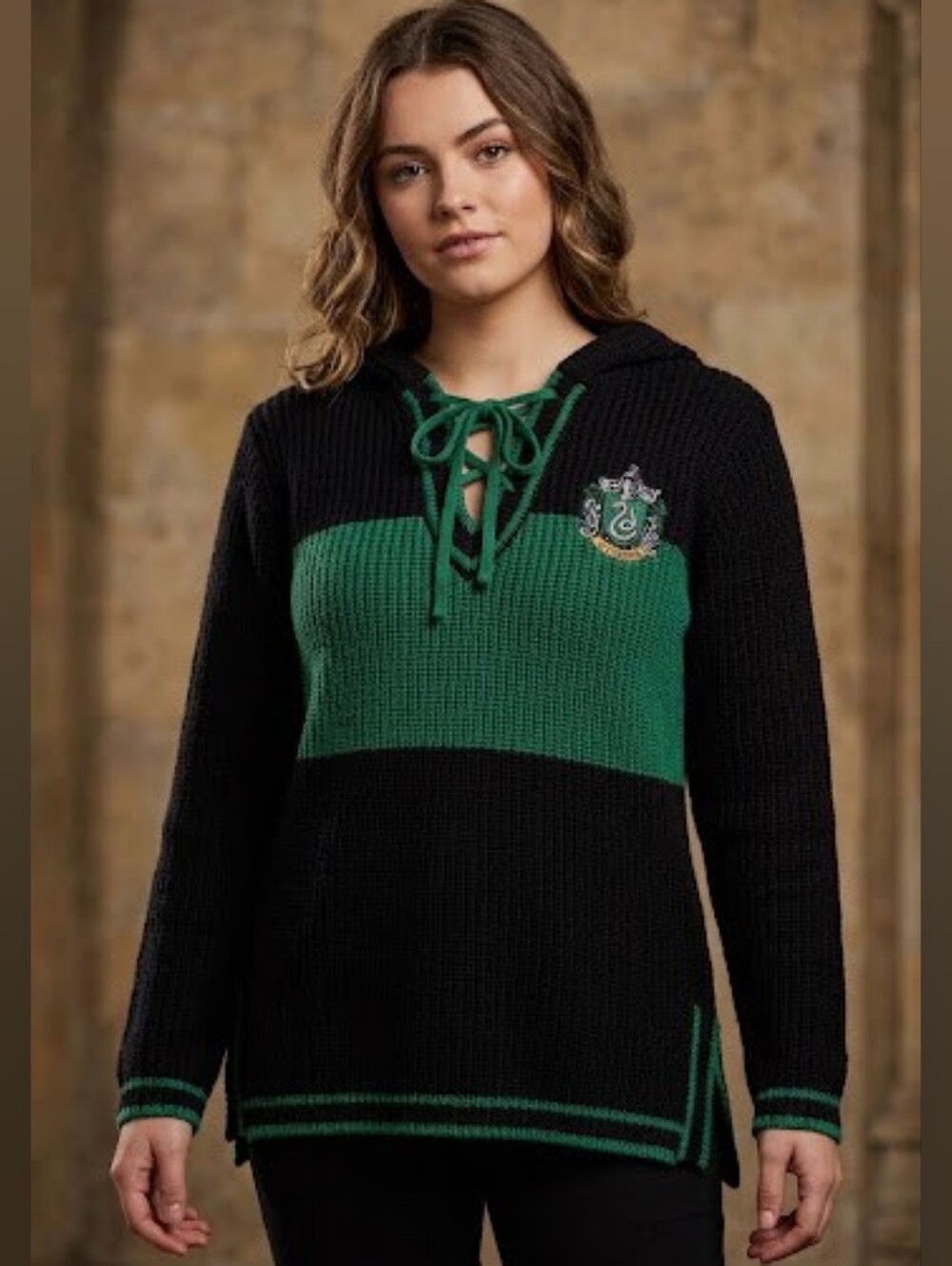 Harry Potter Slytherin Knit Sweater Hoodie Drawstring Black Green House Crest Md